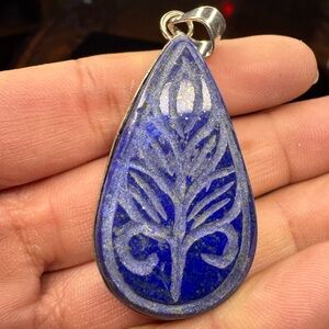 Carved Natural Lapis Lazuli Leaf Gemstone Pendant 2.2"